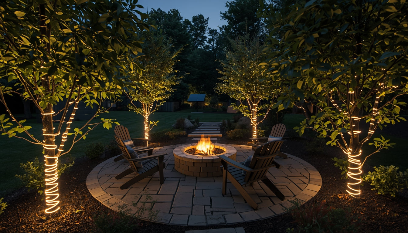 Warm white solar-powered rope lights wrapped around backyard trees for a cozy fire pit seating area - solaraluma premium outdoor lighting