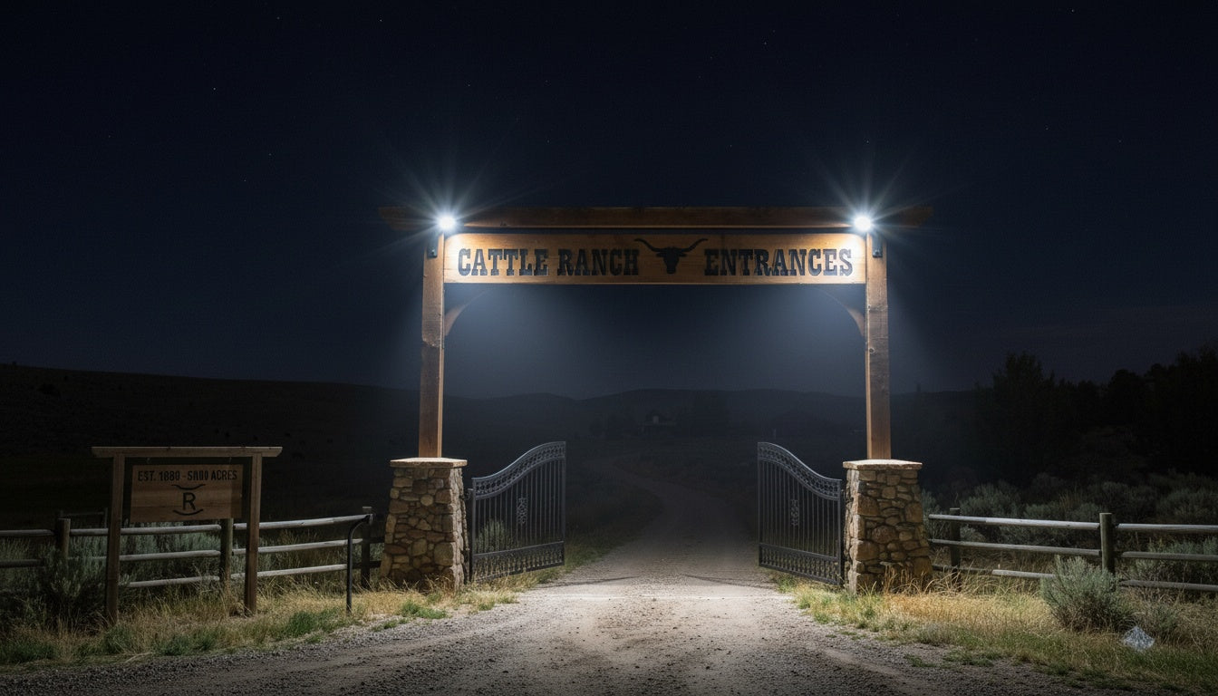 Bright solar LED lights mounted on wooden ranch gate arch, illuminating a gravel farm driveway entrance at night, 
cattle ranch gate with iron doors and stone pillars,  all-night solar powered security lighting for rural property