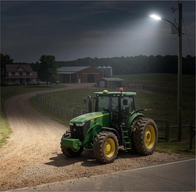 Bright solar LED street light mounted on pole lighting up a gravel farm driveway at night, green agricultural tractor parked  on rural property, farmhouse and red barn visible in background, wide-area solar powered lighting for large farm and ranch driveways