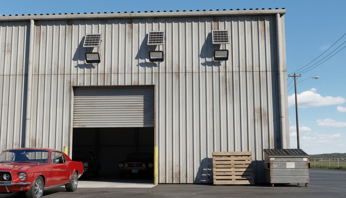 Three professional Solaraluma floodlights with separate solar panels mounted on a large metal warehouse building near a classic Mustang.