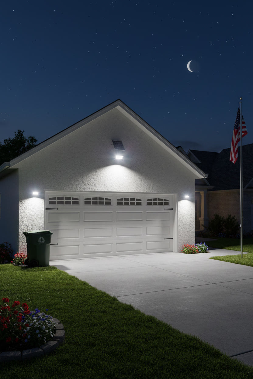 Solaraluma bright outdoor solar security lights mounted on a residential garage, providing powerful night-time illumination for a driveway and enhanced home safety.