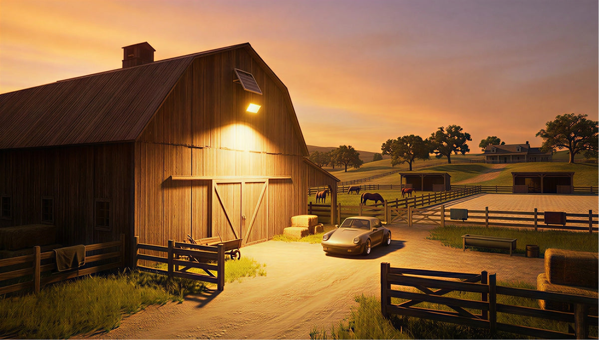 Powerful Solaraluma floodlight with remote control illuminating a farm gate and gravel path during a dramatic twilight hour.