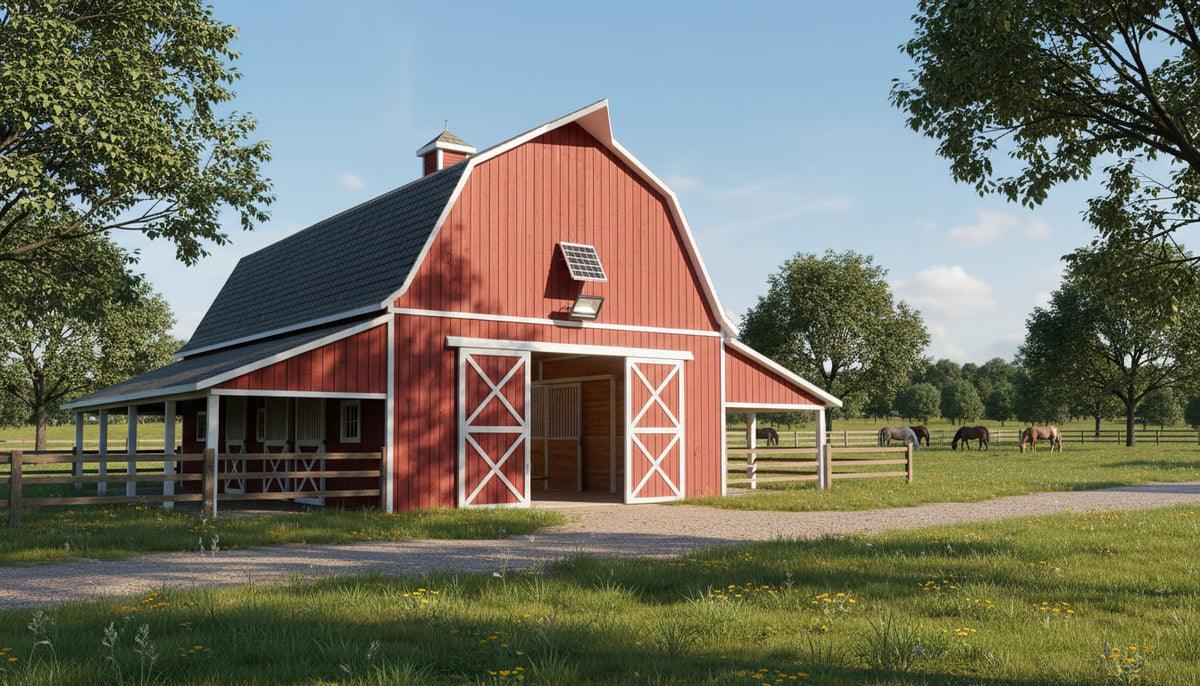 High-output Solaraluma flood light with remote control installed on a classic red American barn overlooking a horse pasture.