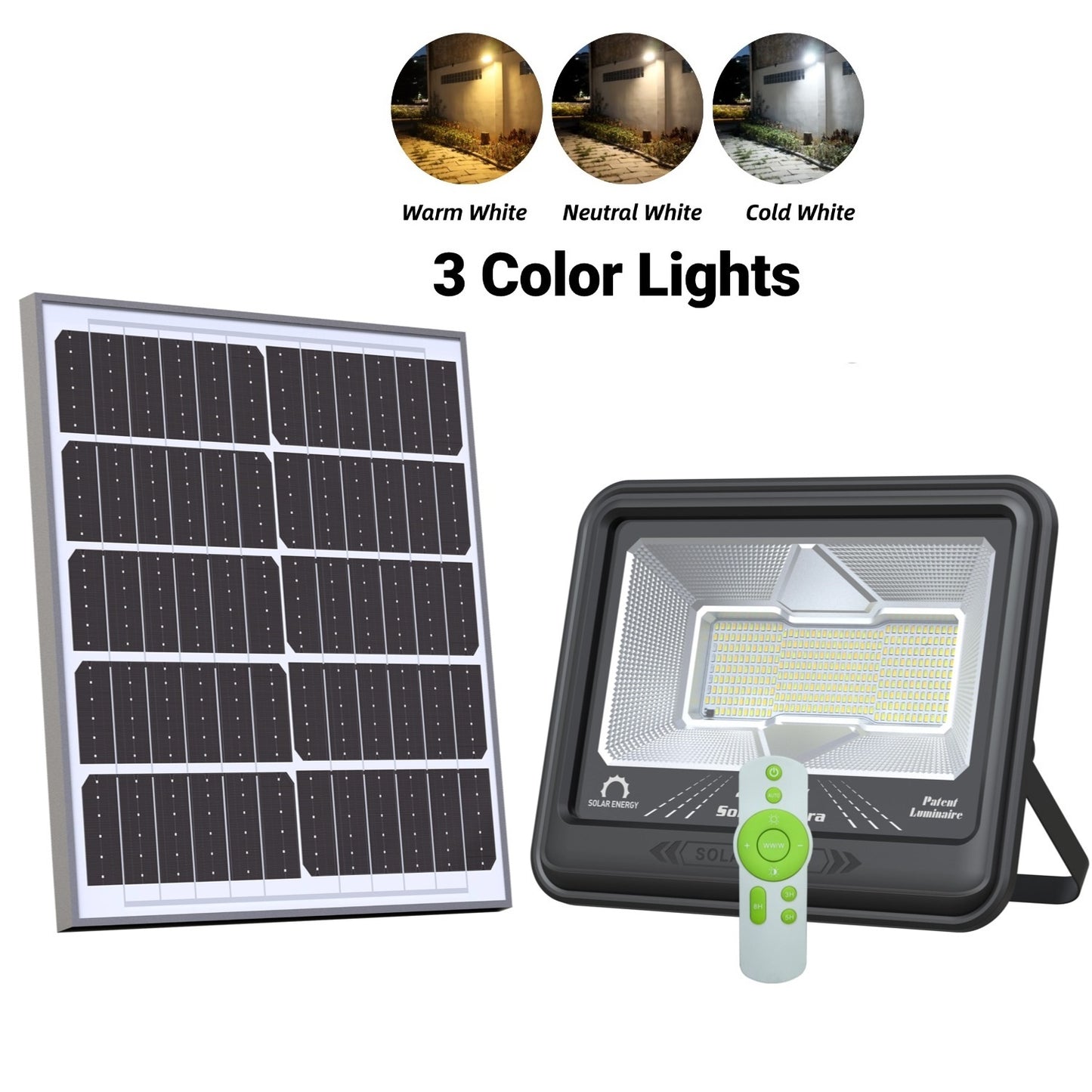Solaraluma High-Brightness Solar Flood Light with Remote Control and Separate Solar Panel for Outdoor Garden Security Lighting.
